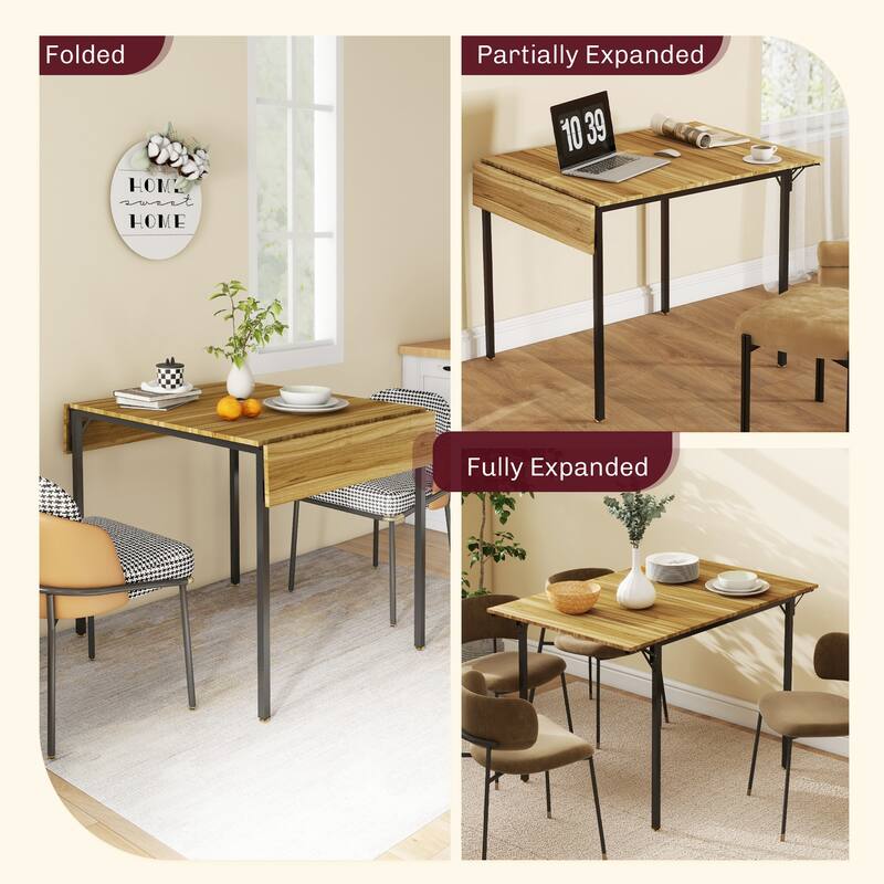 Drop Leaf Dining Table Foldable MDF Top Metal Frame Seats 2 to 4 Compact Space Saving