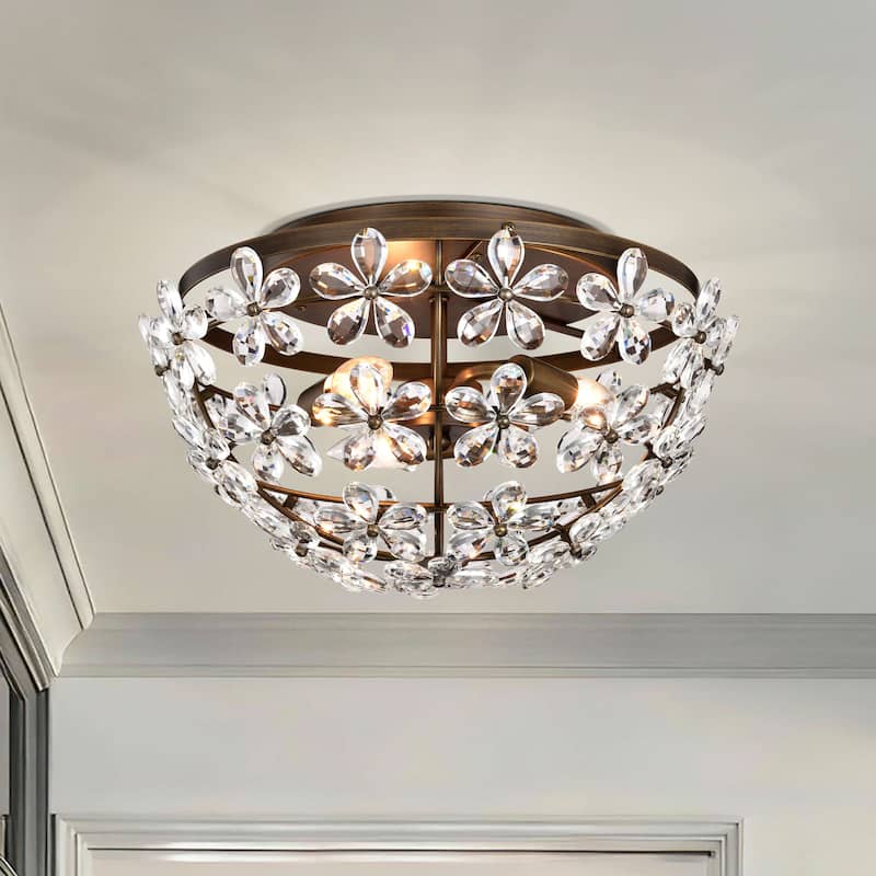 Rosa 3-Light Glam Daisy Flower Crystal Blossom Flush Mount - Bronze