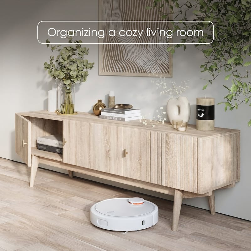 Living Skog Chelsea Brown TV Stand Fits for TV's up to 65 in. with Slatted Design and Wood Legs
