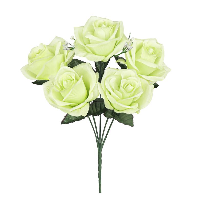Set of 12 Green Artificial Open Rose Flower Stem Bush Bouquet 14in - 14" L x 7" W x 7" DP