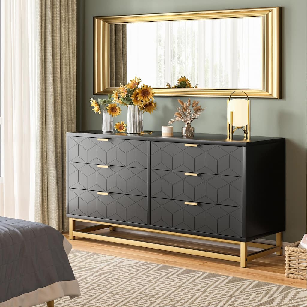 6 Drawer Dresser, Wide Wood Chest with Metal Legs, Modern Storage Cabinet for Bedroom, Living Room