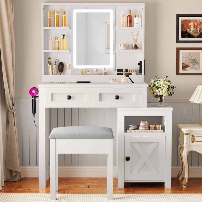 Moasis Farmhouse Vanity Desk with Mirror and Lights, Makeup Vanity Table - 15.7"D x 40"W x 54"H