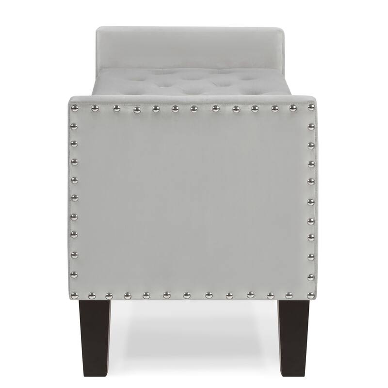 Upholstered Tufted Button Storage Bench with nails trim,Entryway Living Room Soft Padded Seat with Armrest,Bed Bench-Gray