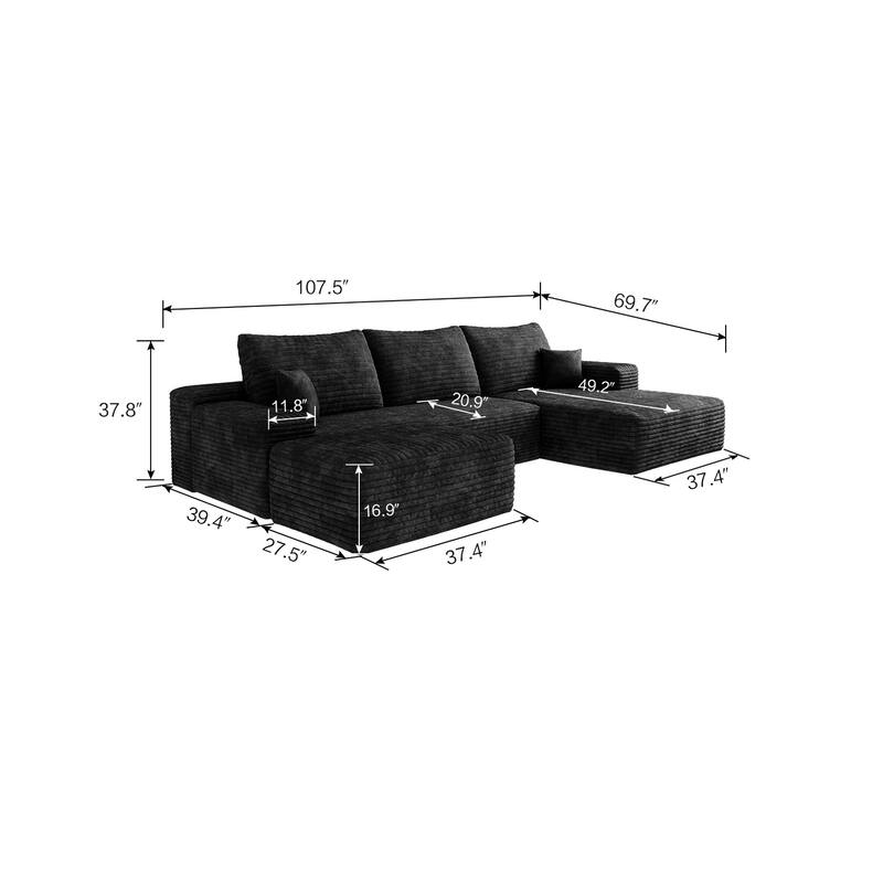 Modern Corduroy Compression Chaise Couch, U-shaped Sectional Sofa with Ottoman and Pillows Backrest for Living Room