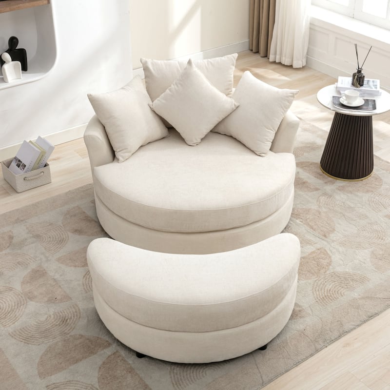 Oversized Swivel Barrel Chair, Chenille Upholstered Leisure Chair, Sofa Chair with Storage Ottoman & 4 Pillows