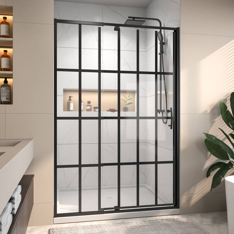 Modland 44-48"x71'' Adjustable Pivot Shower Door - Auto-Lift Hinge, Magnetic Seal, 6 Finishes for Uneven Walls - 48''x 71'' - Grid-Matte Black