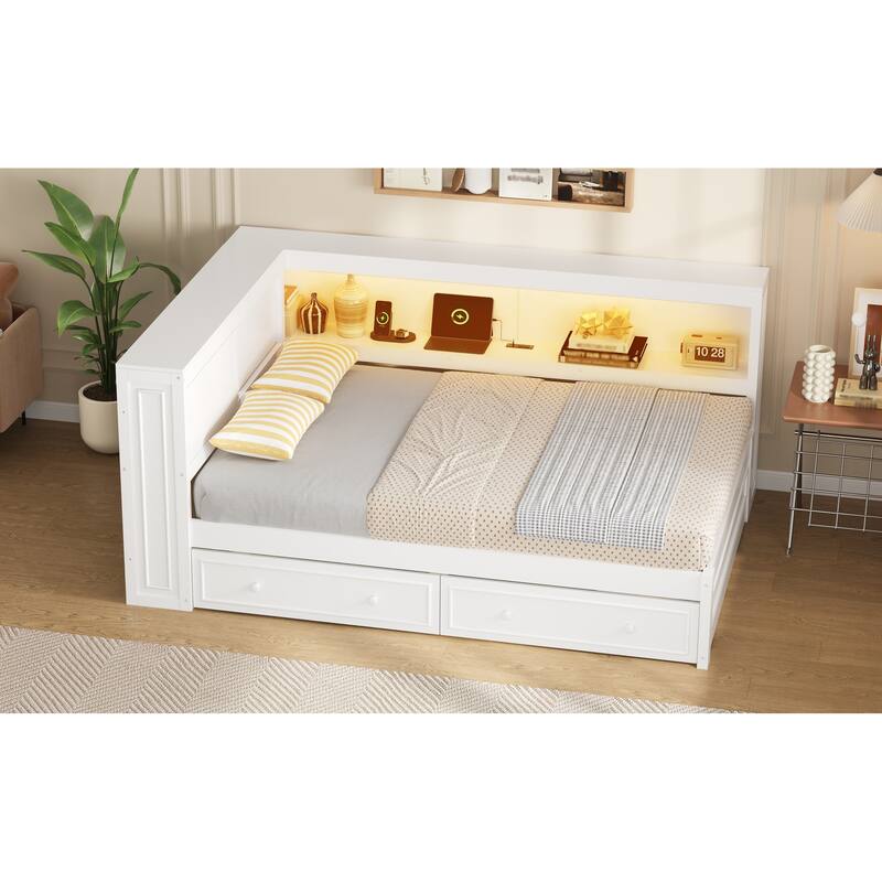 Full Size Wood Daybed with Storage Shelves, USB, LED, and 2 Drawers