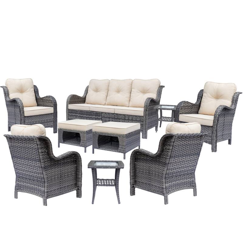 Gray Rattan Wicker High Back Outdoor Patio Furniture Sofa Seating Set