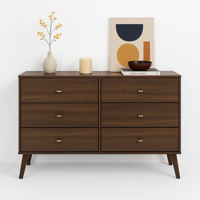 Prepac Milo Mid-Century Modern 6 Drawer Double Dresser for Bedroom, Chest of Drawers, Contemporary Bedroom Furniture - Cherry
