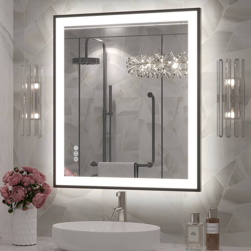 Extra Large Black Frame LED Bathroom Vanity Mirror with 3 Years Warranty and UL Certified - 32x28