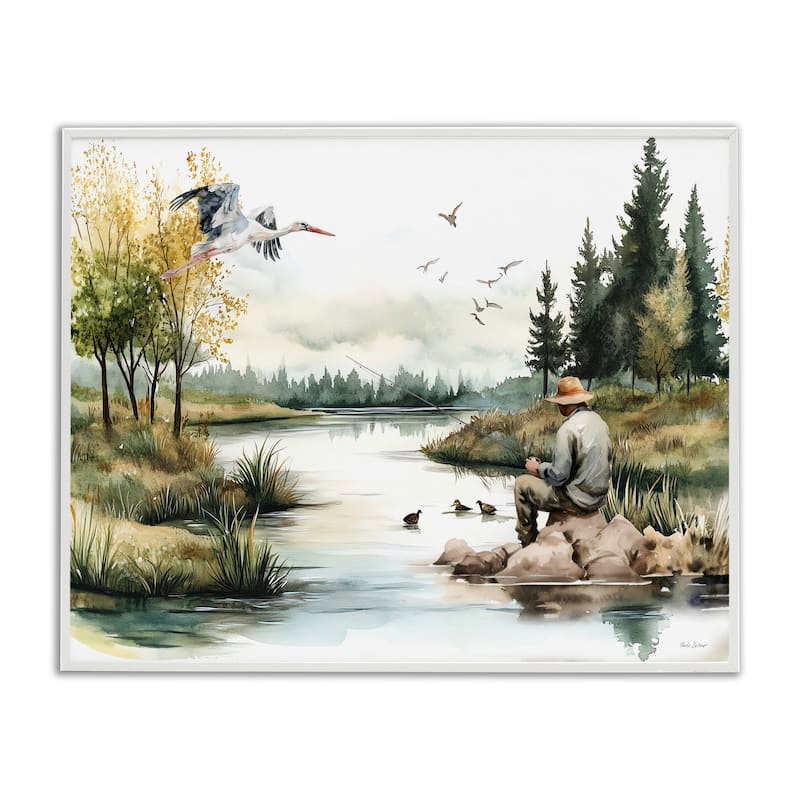 Stupell Fishing by River Landscape Framed Giclee Art Design By Nicole DeCamp - 30 x 24 - White
