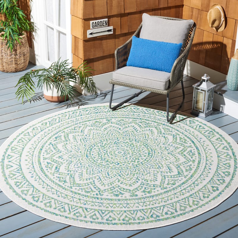 SAFAVIEH Courtyard Fran Mandala Indoor/ Outdoor Waterproof Patio Backyard Rug - 8' Round - Ivory/Green