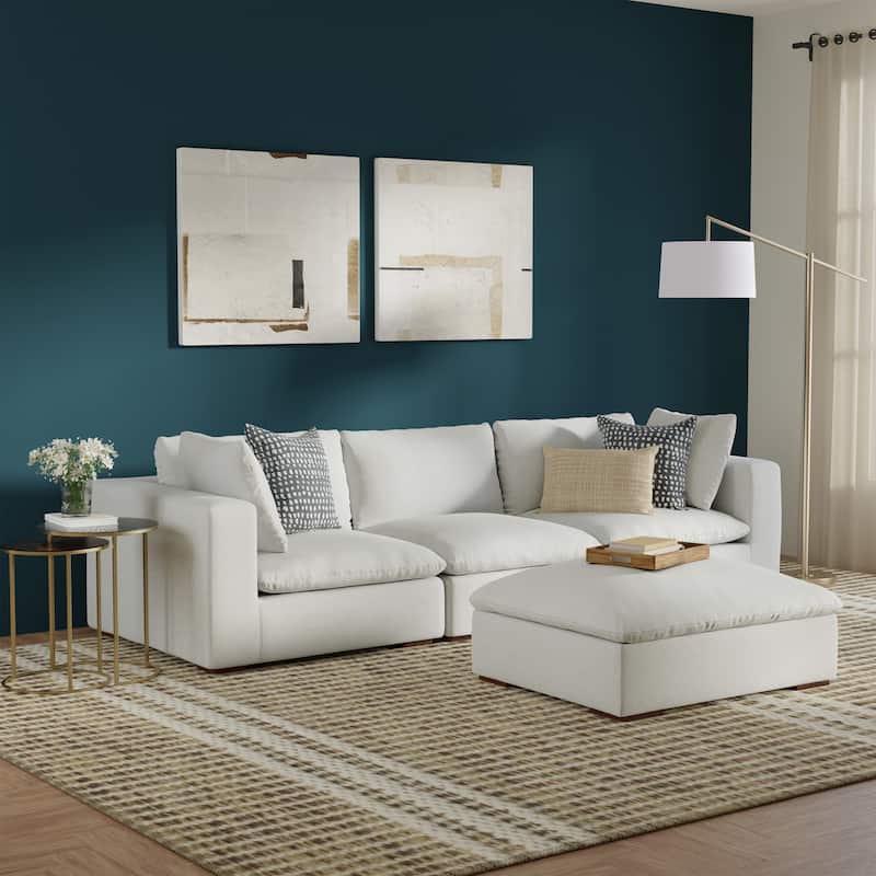 WYNDENHALL Marlee 3-Seater Modular Sofa and Ottoman Set in Velvety Chenille Performance Fabric - Cloud Grey