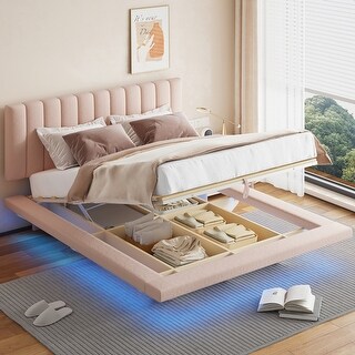 Queen Size Upholstered Velvet Floating Bed with LED Light and USB Port, Hydrualic Platform Bed Frame with Support Legs, Pink