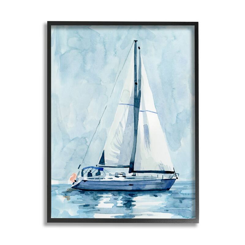 Stupell Nautical Blue Sailboat Tranquil Coastal Water Watercolor Painting Framed Wall Art - White