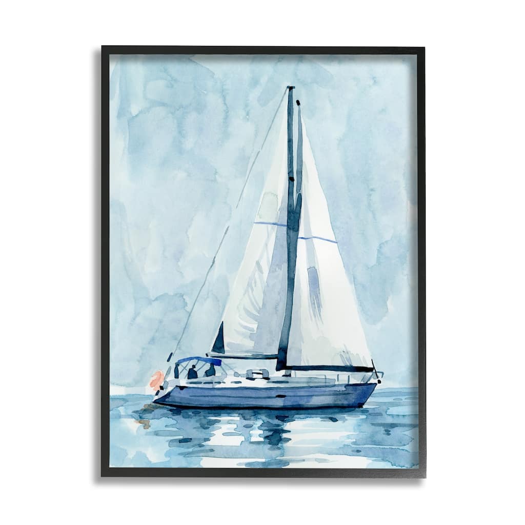 Stupell Nautical Blue Sailboat Tranquil Coastal Water Watercolor Painting Framed Wall Art - White