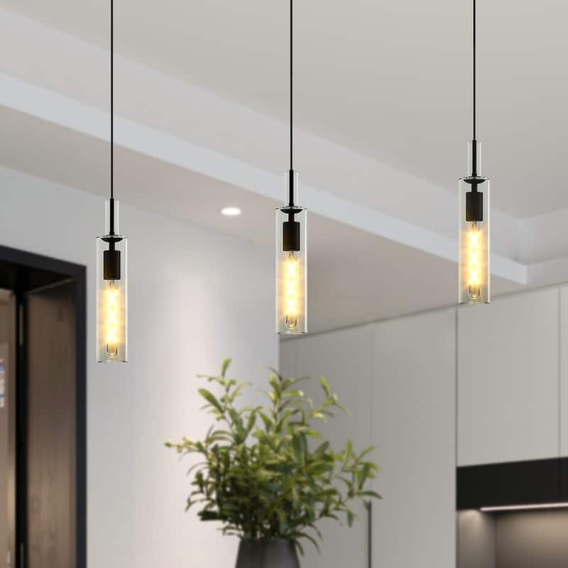 Modern Black Glass Pendant Lights (Set of 3) Adjustable for Kitchen, Dining & Living Areas (No Bulbs)