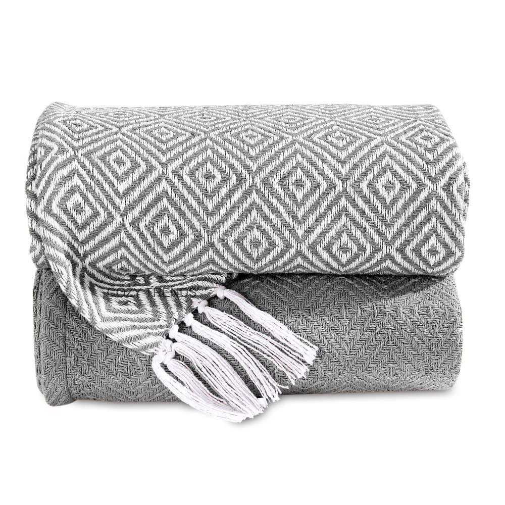 Hand Woven Cotton Throw Blankets All-Season with Fringes, 50x60" - Set of 2