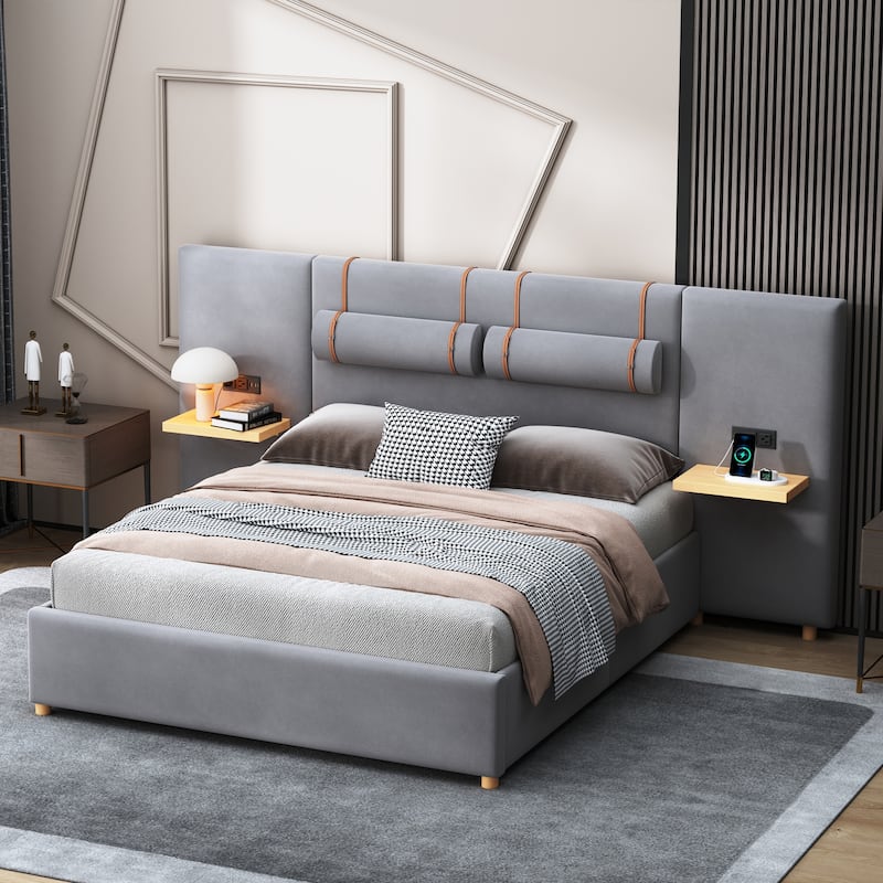 Gray Queen Size Upholstered Platform Bed with Pillows and USB Ports - Gray