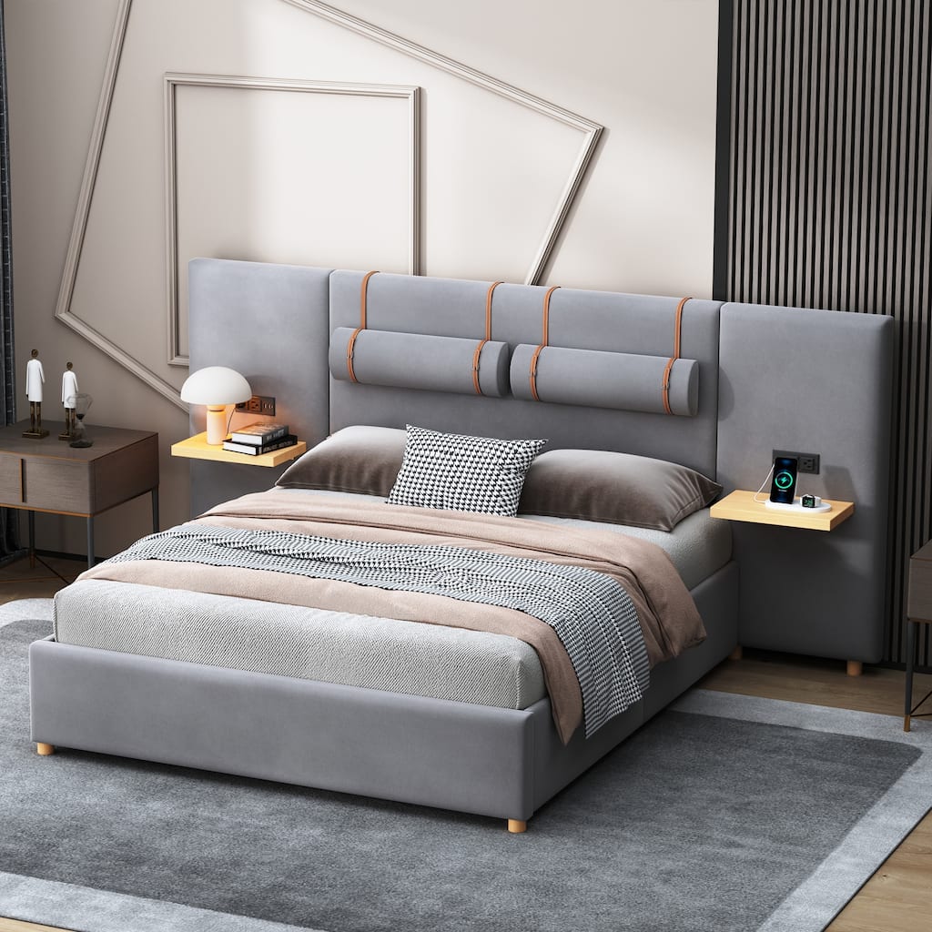 Velvet Upholstered Queen Bed with USB Charging Ports, Storage Shelves & Built-in Pillows