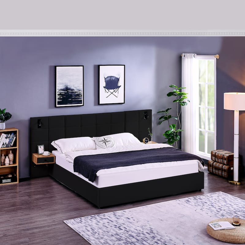 King Size Storage Velvet Upholstered Hydraulic Platform Bed with 2 Shelves, 2 Reading Lamps and USB Port - Black