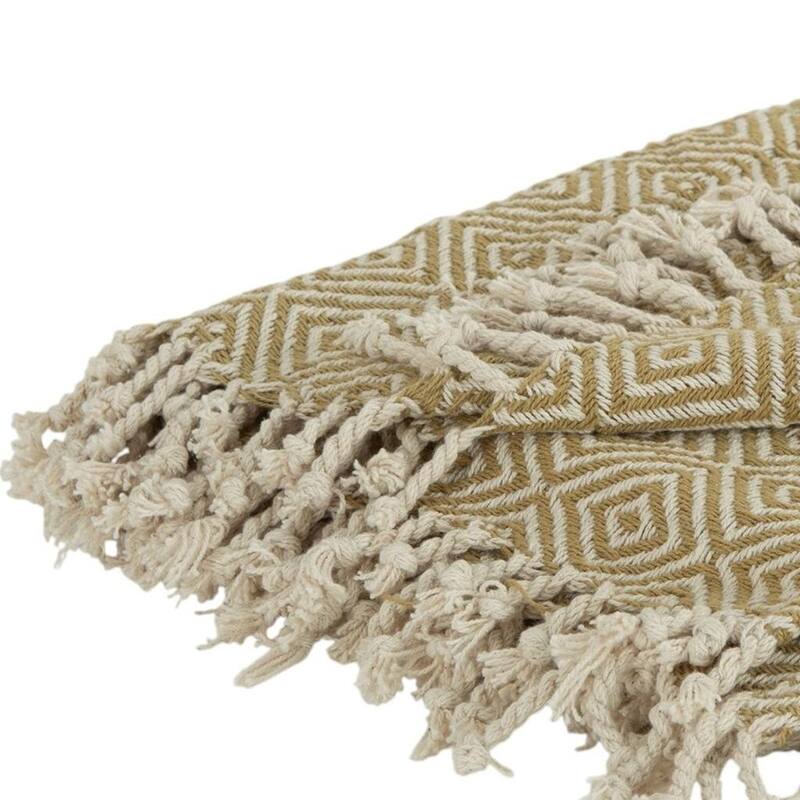HomeRoots 50" X 60" Natural Cotton Woven Geometric Throw Blanket with Fringe