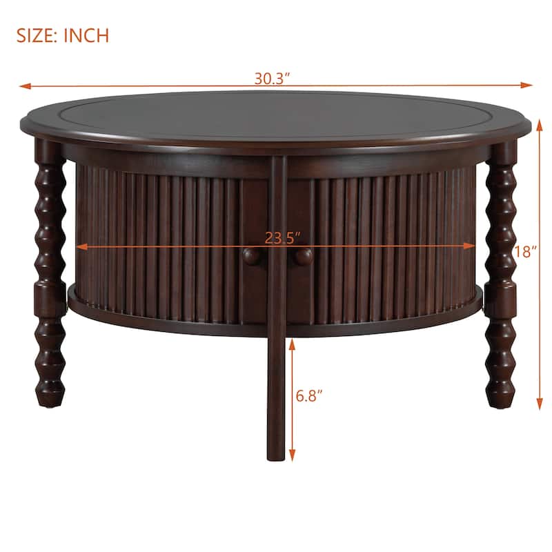 30''x30'' Vintage Round Coffee Table with Sliding Door
