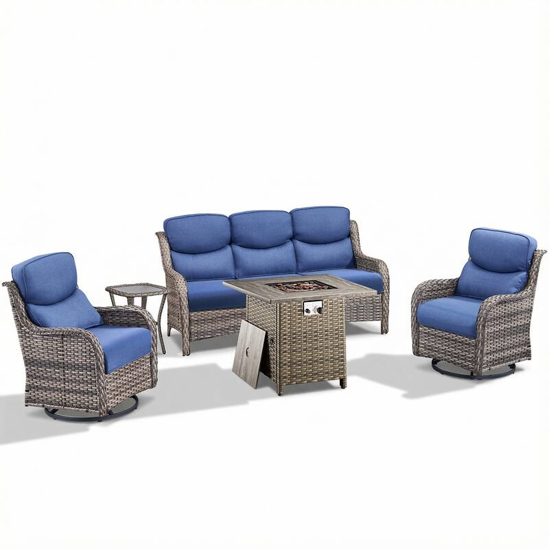 Pocassy Outdoor Propane Fire Pit Table with Sofa Swivel Chair Funiture Set.