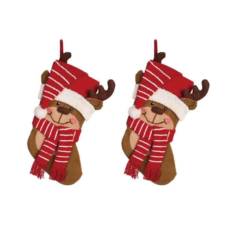 Glitzhome 19"L 3D Hooked Xmas Stocking Santa Penguin Reindeer - Reindeer*2
