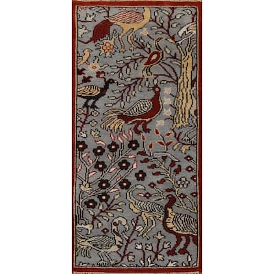Animals Design Gray Ziegler Indian Runner Rug Handmade Wool Carpet - 2'5"x 6'0"