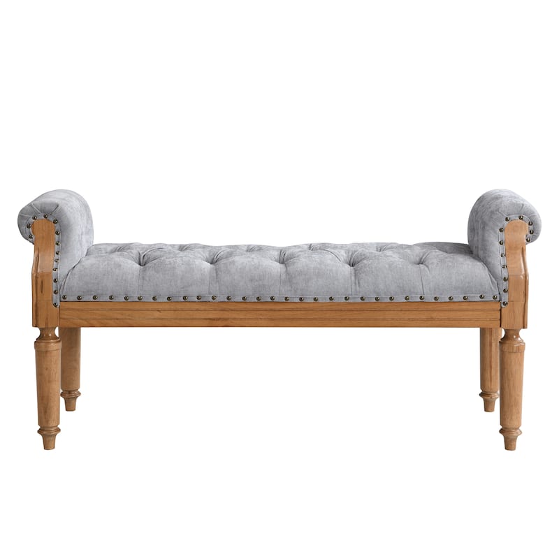 Christopher Knight Home - Mid-Century Solid Rubberwood Upholstered Bench with Rolled Arms, Button-Tufted Cushion & Nailhead Trim