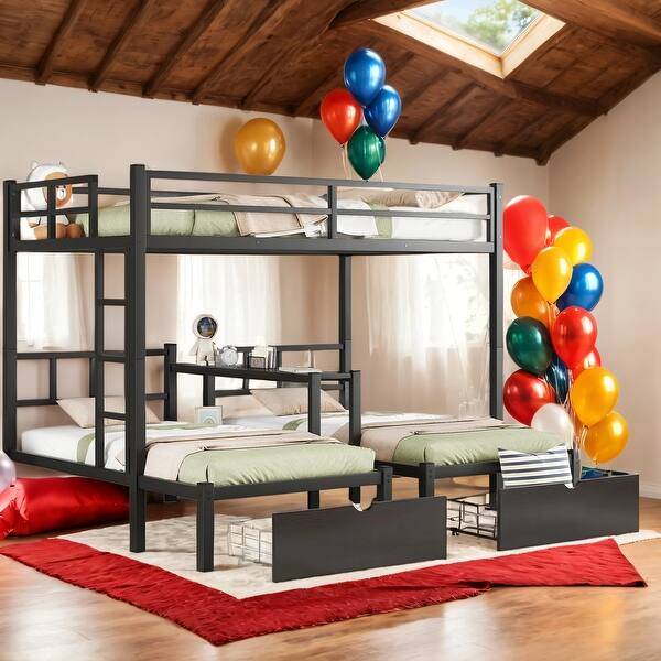 slide 2 of 13, Kid Bed Frame Full XL over Twin over Twin Triple Bunk Bed with Desks and Shelves Black
