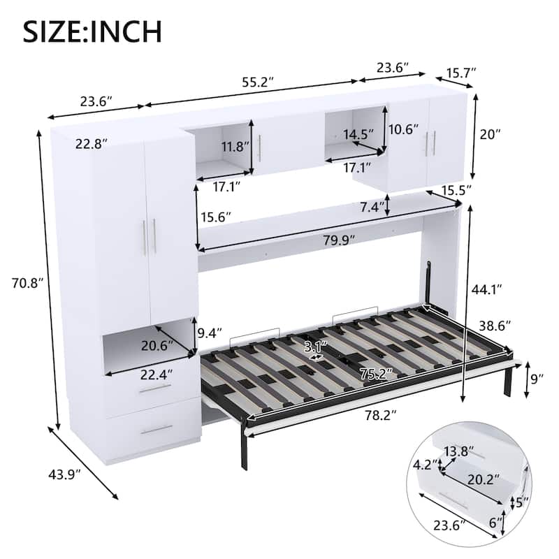 Twin Size Wall Bed with Shelves, Storage Drawers, Wardrobe, and Desk, White