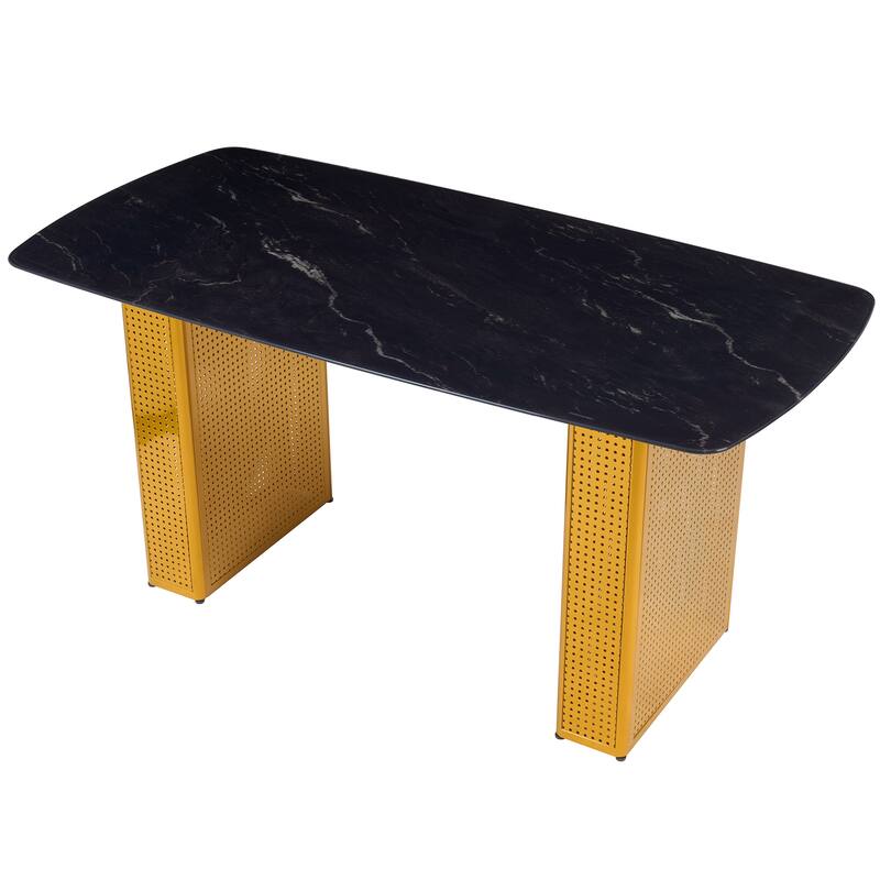Modern Rectangular Tempered Glass Dining Table, Marble-Patterned Design with Gold Dual-Pedestal Metal Base for Dining Room