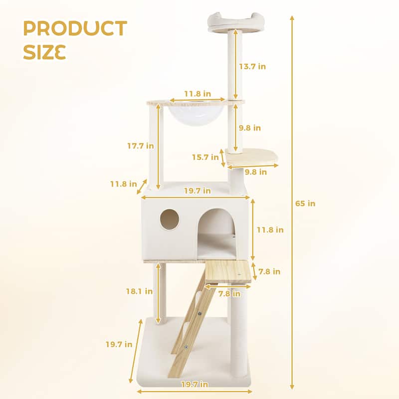 Wood Cat Tree With Large Condo Wood ladder And Transparent Spacecraft 165cm - White