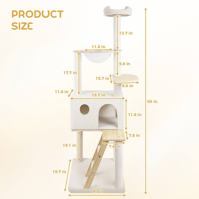 wood cat tree with large condo wood ladder and transparent spacecraft 165cm - White
