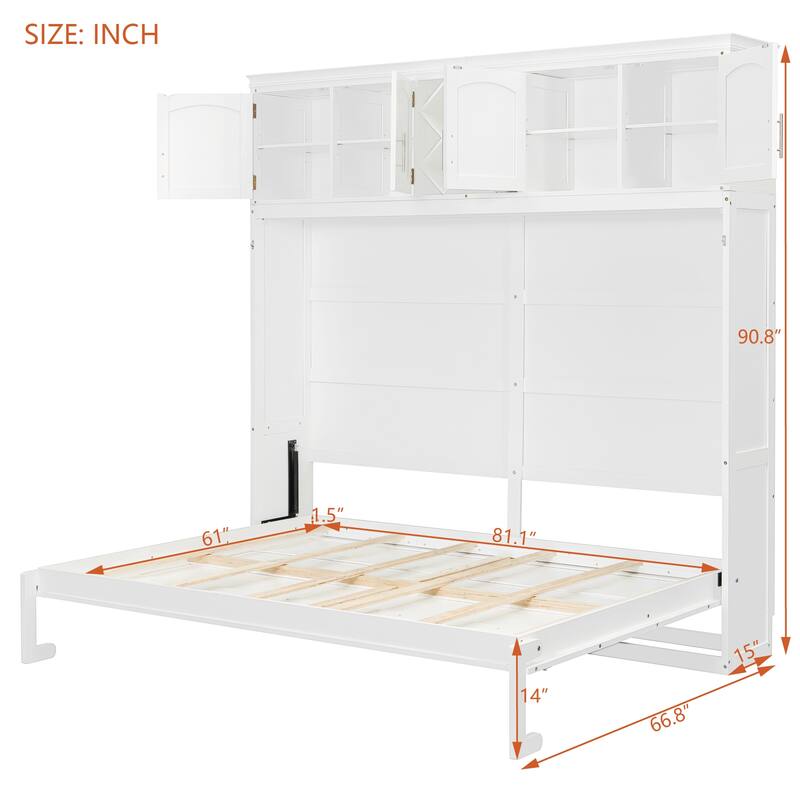 Queen Murphy Bed with Upper Cabinets and Wine Rack, Space-Saving Foldable Wall Bed with Slats