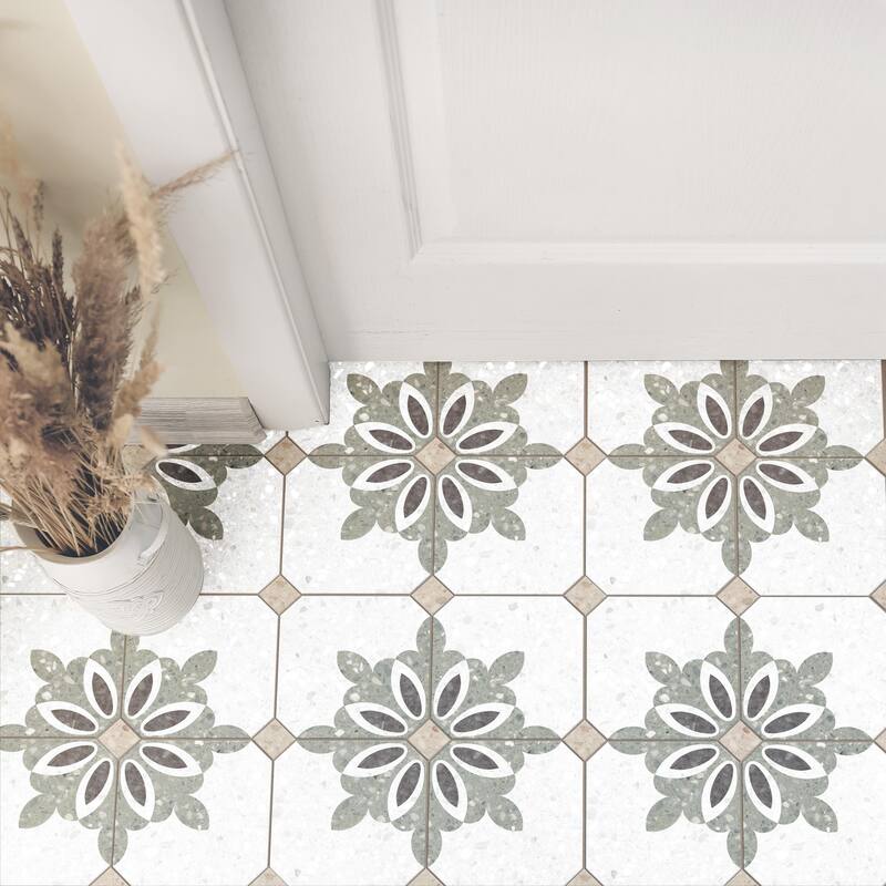 Merola Tile Riviera Octagon Antibes Verde with Taco Beige 7-7/8" x 7-7/8" Porcelain Floor and Wall Tile - Case (50 Tiles)
