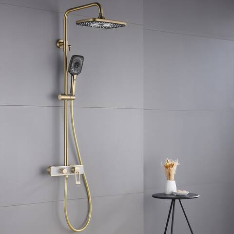 5-Way Wall Exposed Install 12'' Complete Rainfall Shower System with Handheld Showerhead & Faucet in Black / Gold