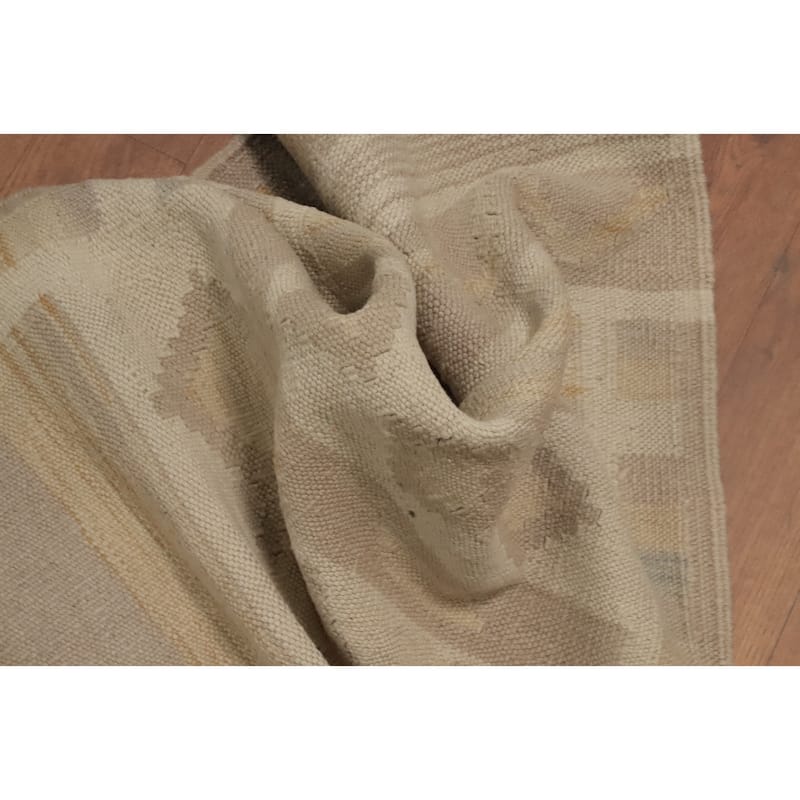 Hand Woven Oriental 100% Wool Carpet Southwestern Tribal Beige & Ivories Kilim Area Rug - 4' 2'' X 1' 10''