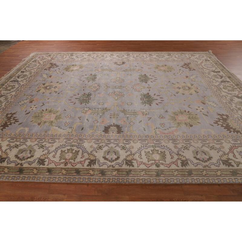All-Over Gray & Ivory Oushak Indian Area Rug Hand-Knotted Wool Carpet - 9'4" x 11'11"