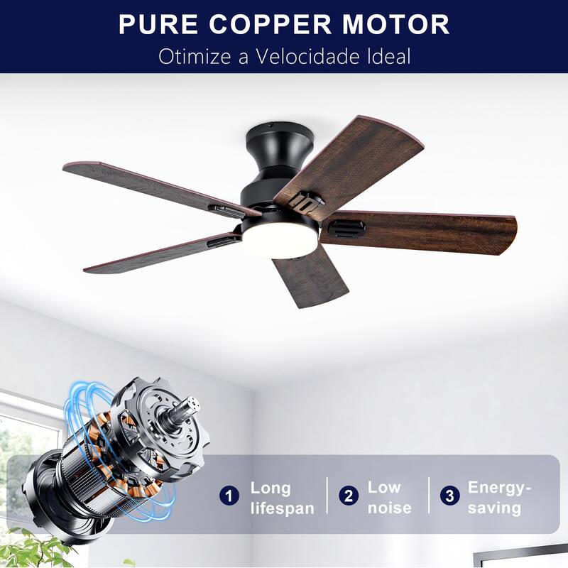 42" Low Profile Ceiling Fan with Light and Remote Control, Flush Mount, Reversible, 3CCT