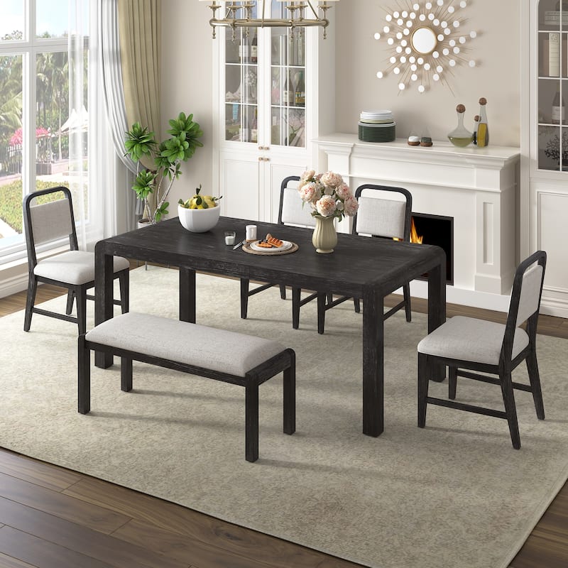 6-Piece Vintage Extendable Dining Table Set for 4-6 with 4 Upholstered Chairs & Bench, Rustic Wire-Brushed Kitchen Table