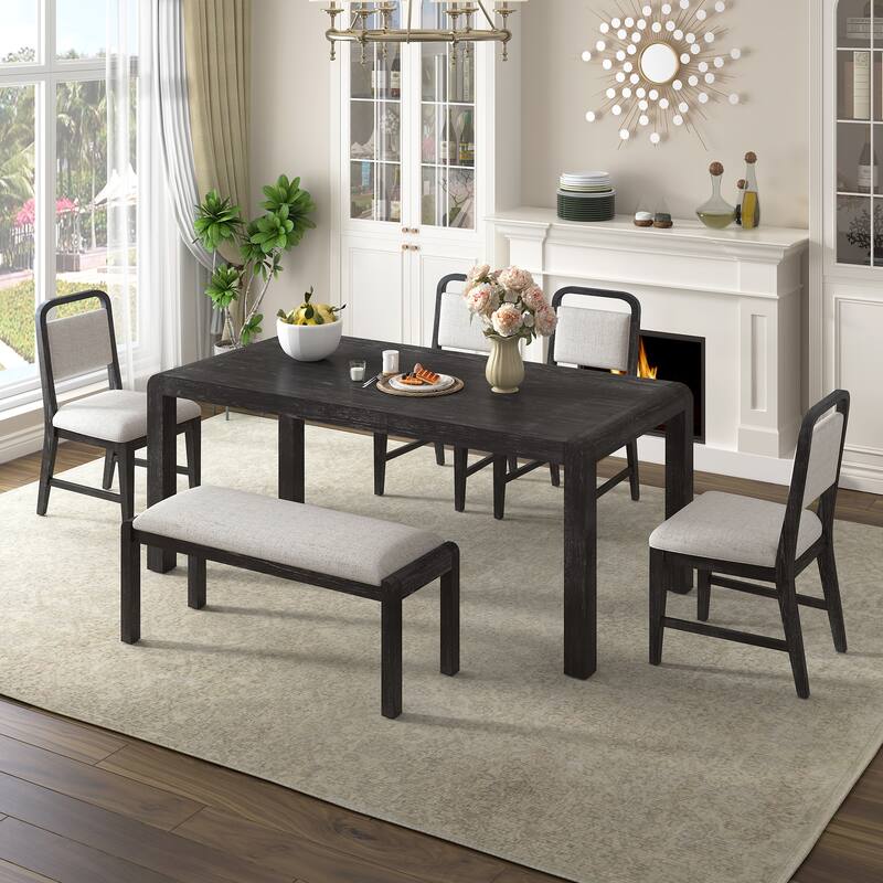 Roomfitters Extendable Dining Table Set for 4-6, Farmhouse Table with Upholstered Chairs & Bench, Rustic Curved Design - Espresso