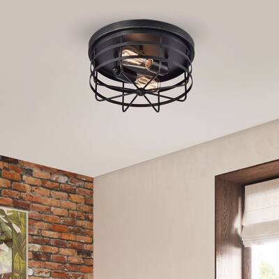 Cecilia Antique Black 2-light Iron Cage Flush Mount Chandelier