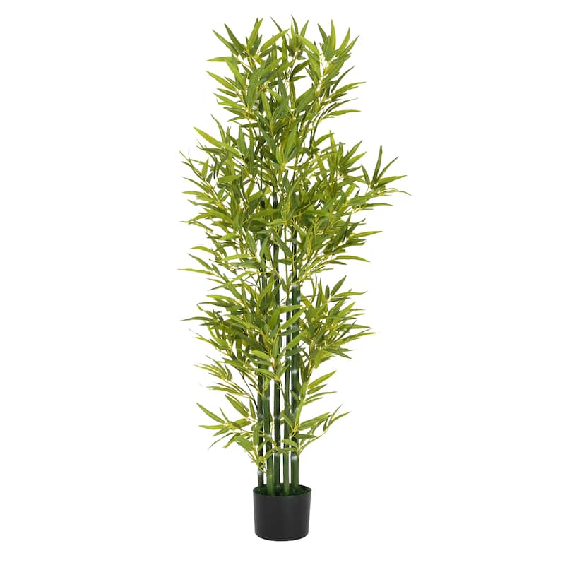 Roomfitters 5 Ft Artificial Bamboo Tree Set of 2, Tall Faux Indoor Plants with Black Plastic Pots for Home Decor, Green