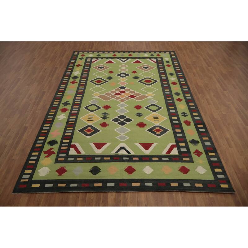 Hand Woven Oriental 100% Wool Carpet Southwestern Tribal Green Kilim Area Rug - 13' 2'' X 8' 7''