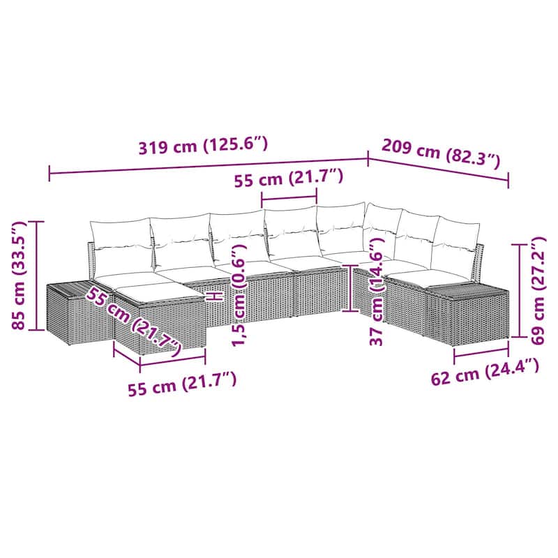 vidaXL 9 Piece Garden Sofa Set with Cushions - 125.6×82.3×27.2