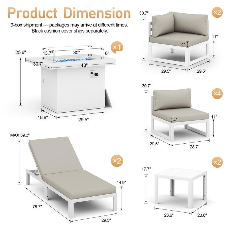 11-Piece Luxury Aluminum Outdoor Furniture Set with Chaise Lounge & Fire Pit Table, 29" Deep Seating Aluminum Patio Sectional