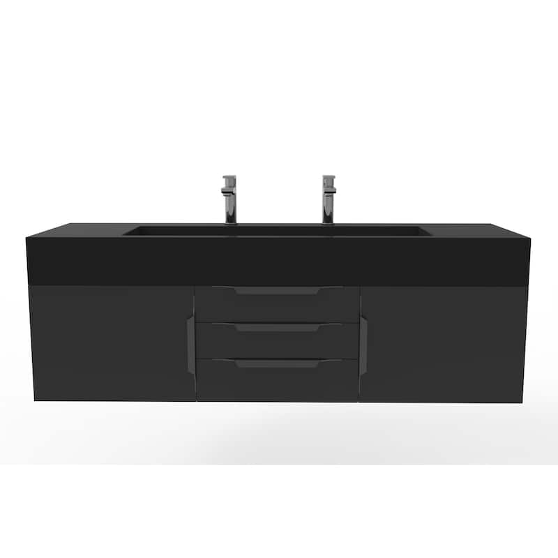 Nile 60" Wall Mounted Bathroom Vanity Set w/ Black Top